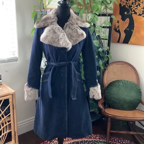 Vintage 70s Bullock's Wilshire Denim Rabbit Fur Belted Penny Lane Coat - Picture 1 of 9
